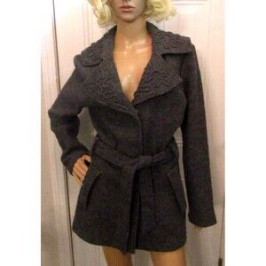 Cynthia Rowley 100% Gray Wool Full Snap Belted Coat Jacket Floral Collar Size L